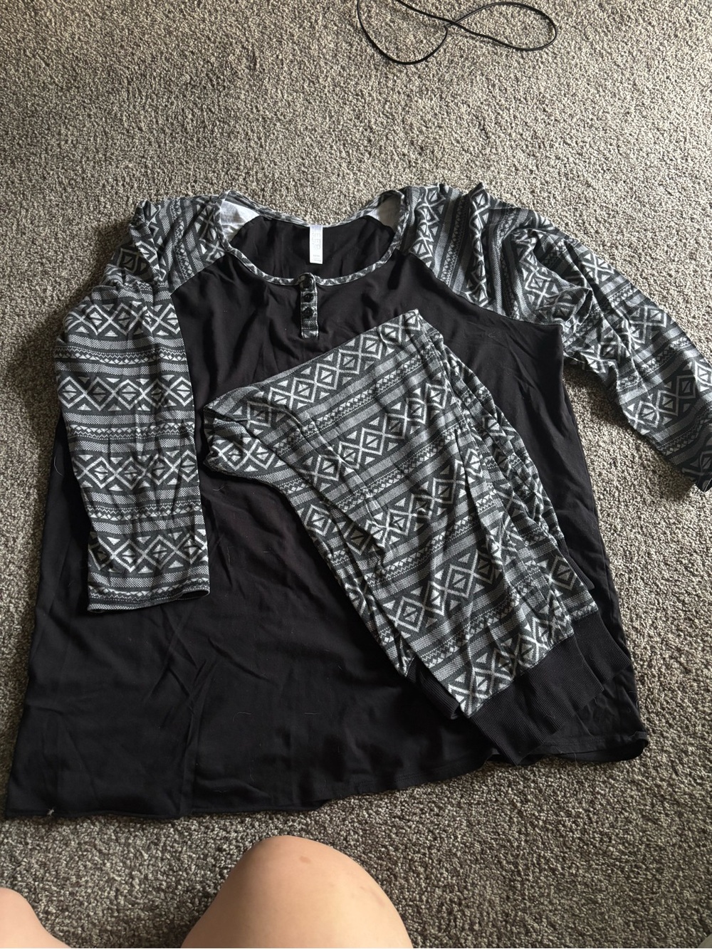 Lane Bryant Black Tunic Pajama Set with Gray Geometric Sleeves